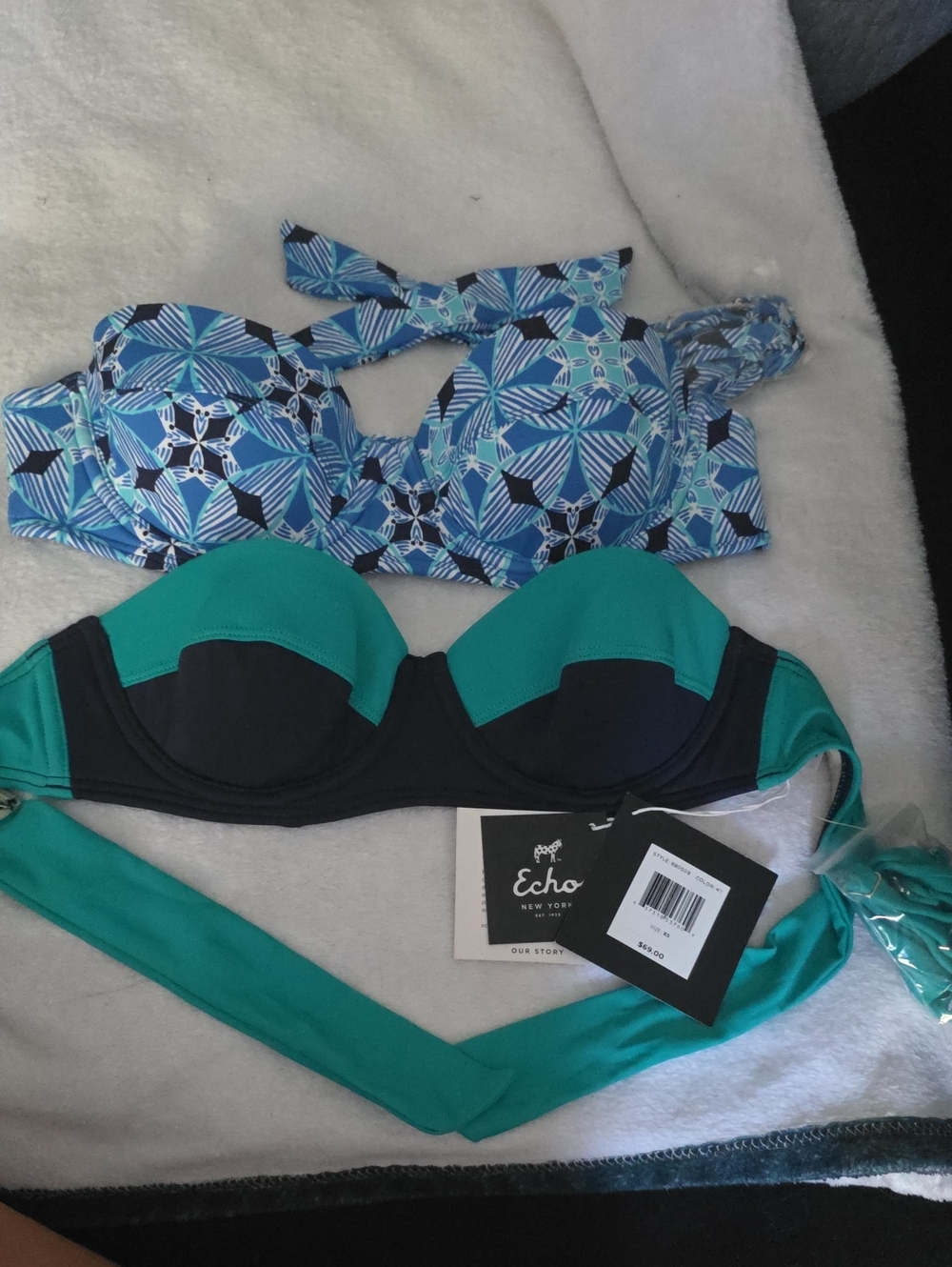 Echo Teal & Navy Colorblock Underwire Bikini Set with Patterned Top